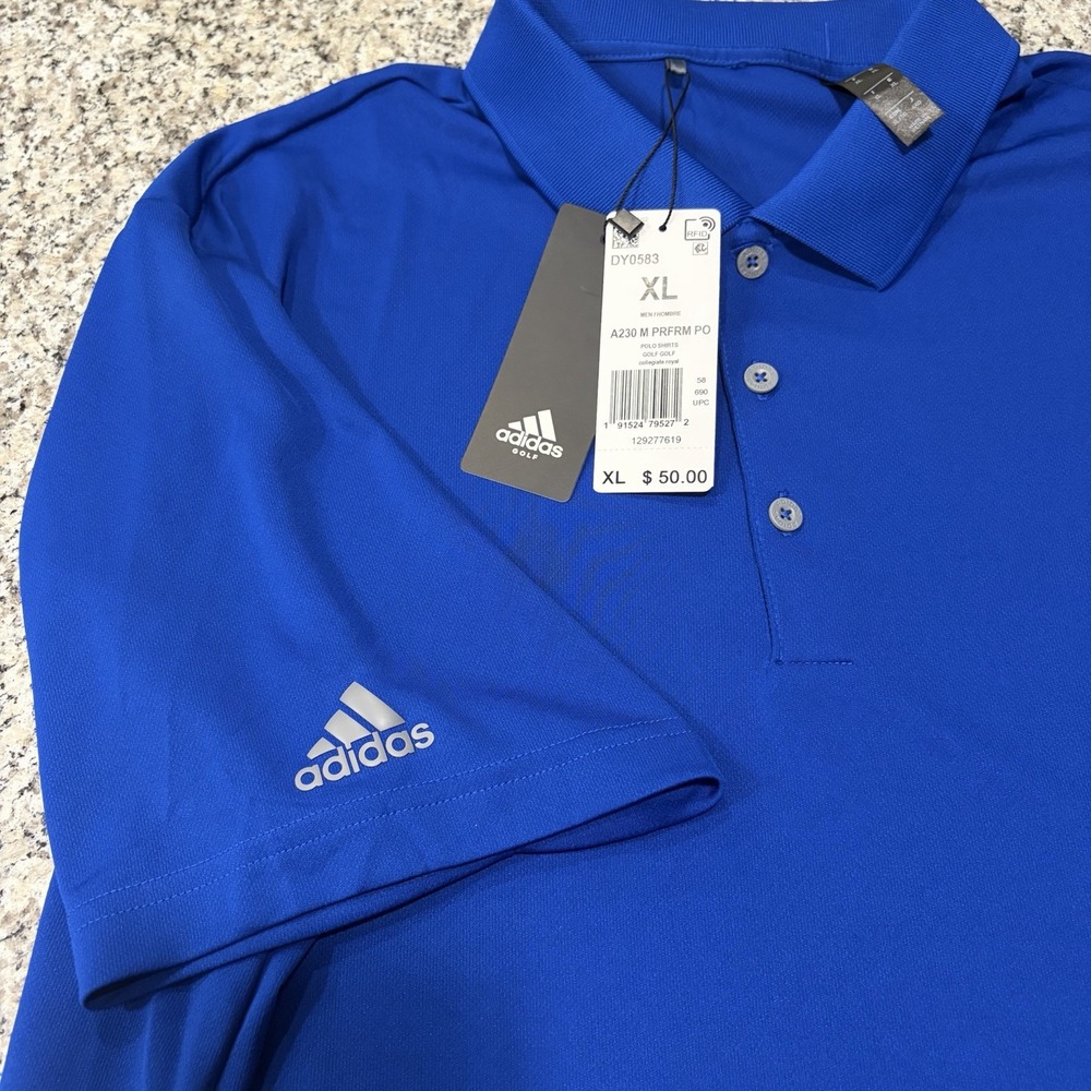 adidas Mens XL Blue Solid Short Sleeve Collared Polo Shirt Logo Buttons DY0583